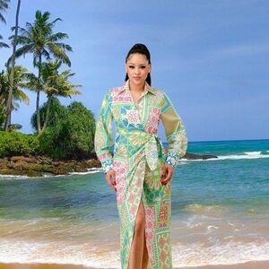 Floral Green and Pink Midi Dress